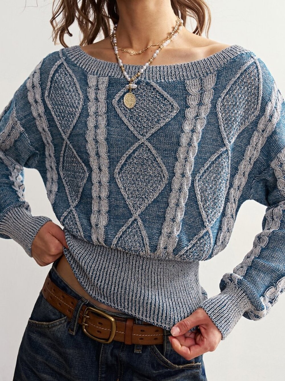 Blue Casual Women's Mixed Yarn Twisted Rope Knit Pullover Sweater